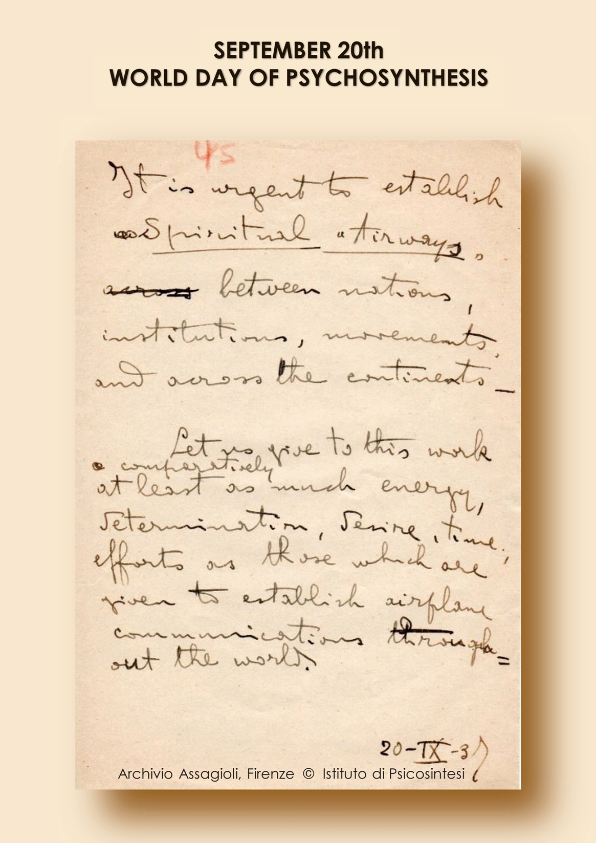 Roberto Assagioli - Notiz vom 20. September 1937 - © Istituto di Psicosintesi, Archivio Assagioli, Firenze.